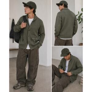REI Olive Green Cardigan Sweater Mens M Quilted Elbow Patch Utility